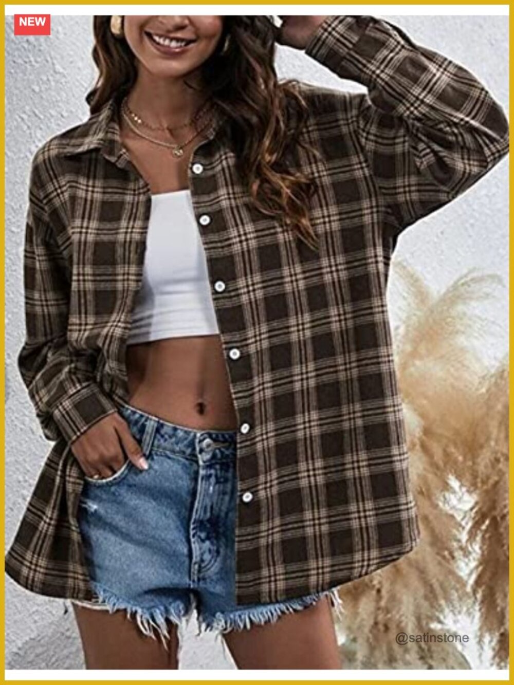 Oversized Plaid Button Down Shirt Women Long Sleeve Flannel Blouse - Picture 2 of 6